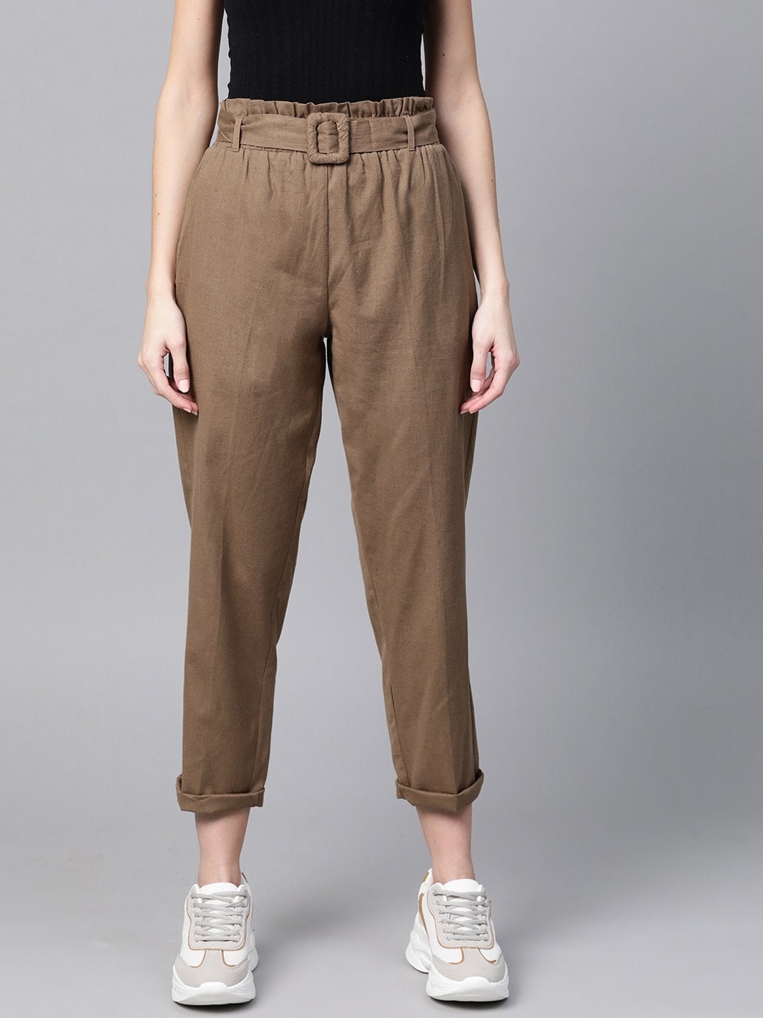 Women's Brown Belted Tapered Pants
