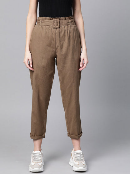 Women's Brown Belted Tapered Pants