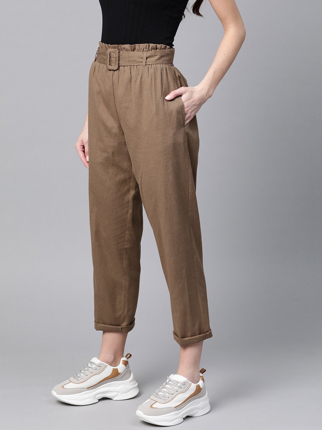 Women's Brown Belted Tapered Pants