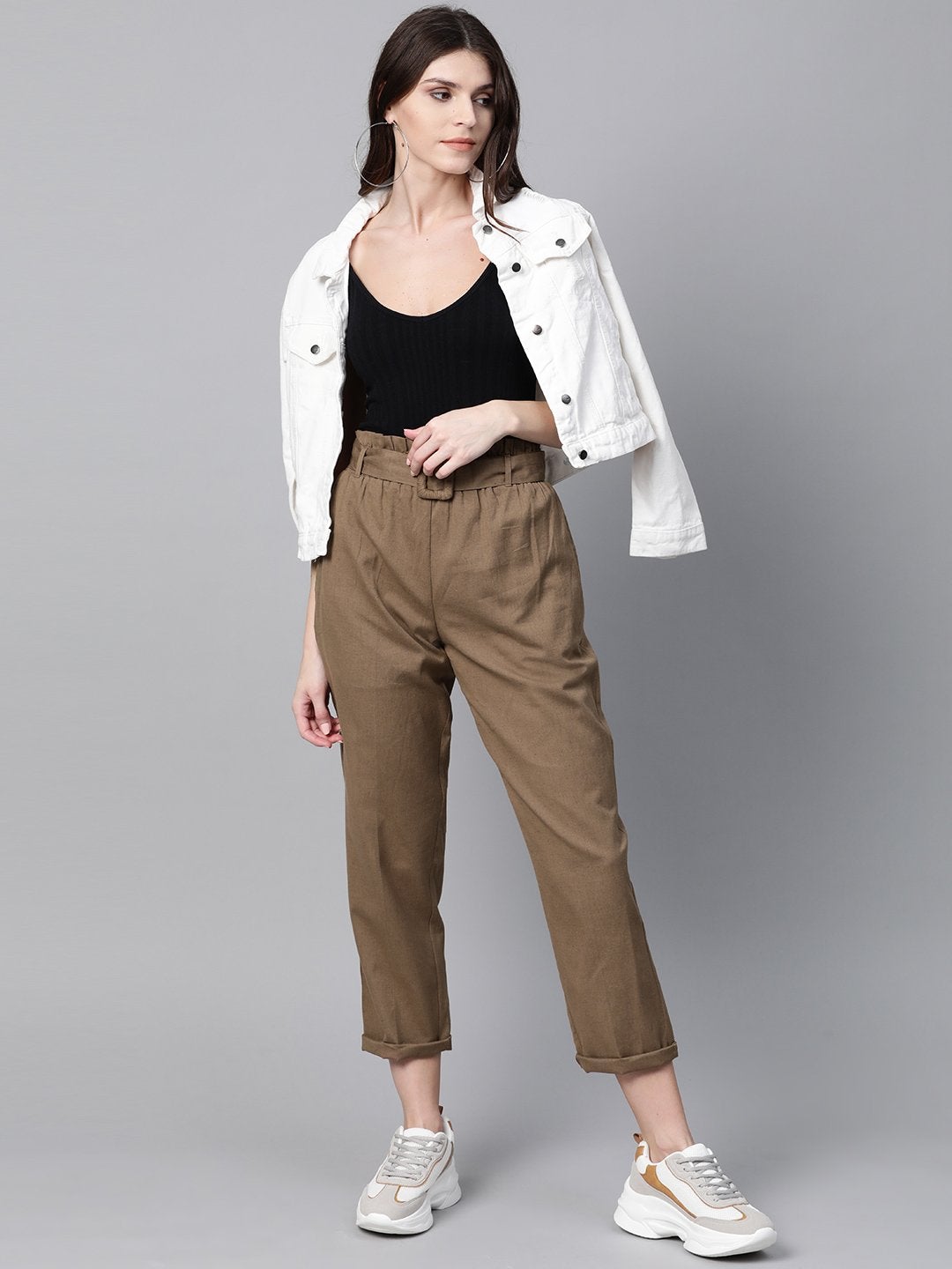 Women's Brown Belted Tapered Pants