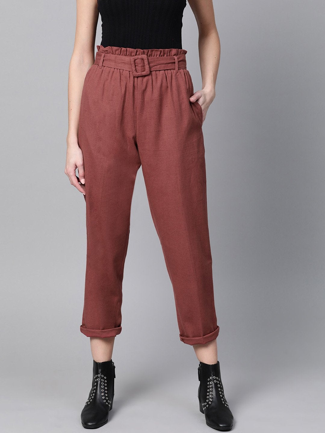 Women's Burgundy Belted Tapered Pants