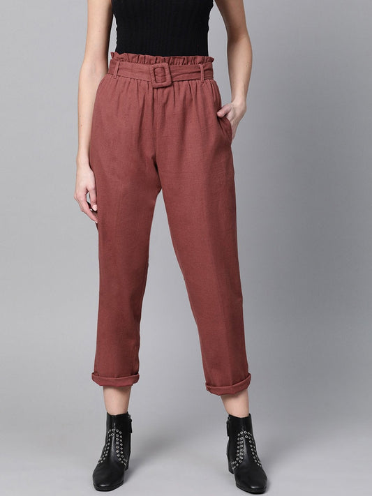 Women's Burgundy Belted Tapered Pants