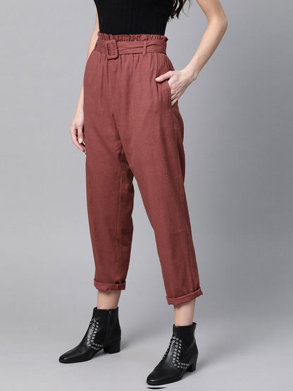 Women's Burgundy Belted Tapered Pants