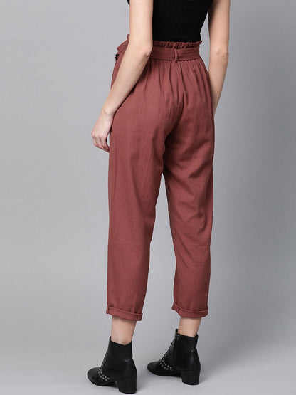 Women's Burgundy Belted Tapered Pants