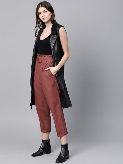 Women's Burgundy Belted Tapered Pants