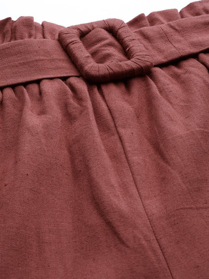 Women's Burgundy Belted Tapered Pants