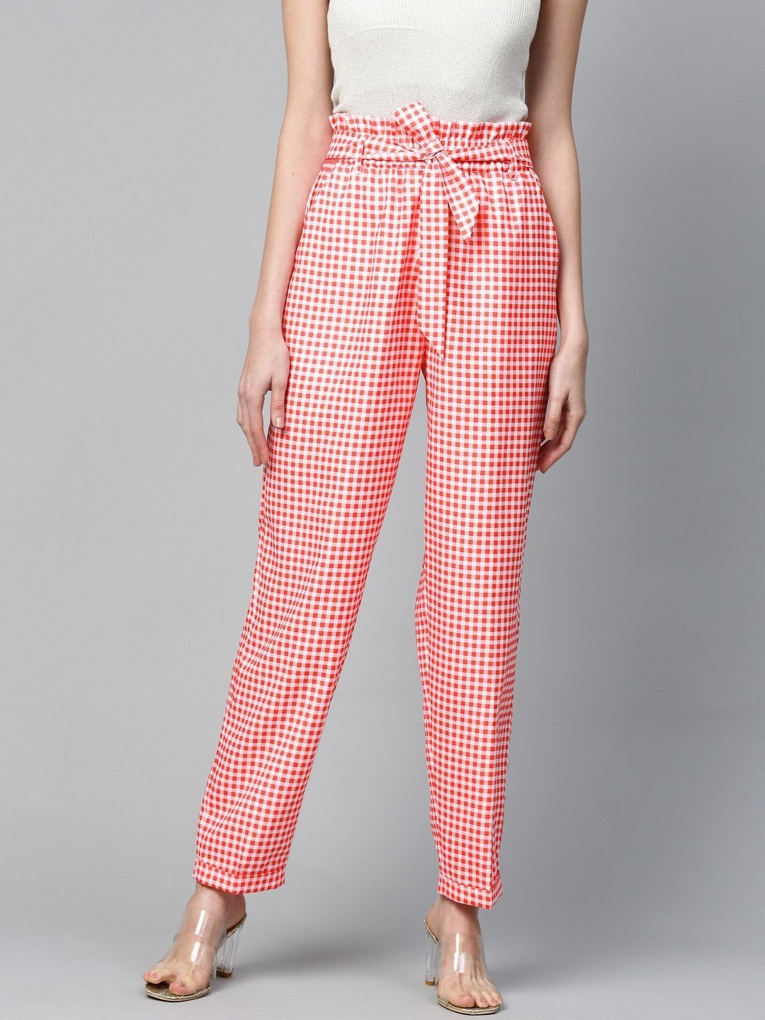 Women's Red & White Check Front Button Tapered Pant