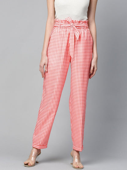 Women's Red & White Check Front Button Tapered Pant