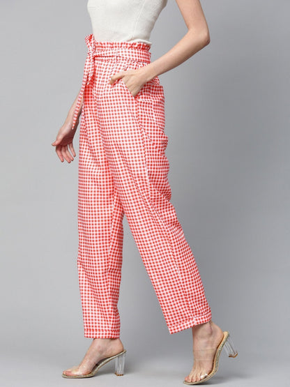Women's Red & White Check Front Button Tapered Pant