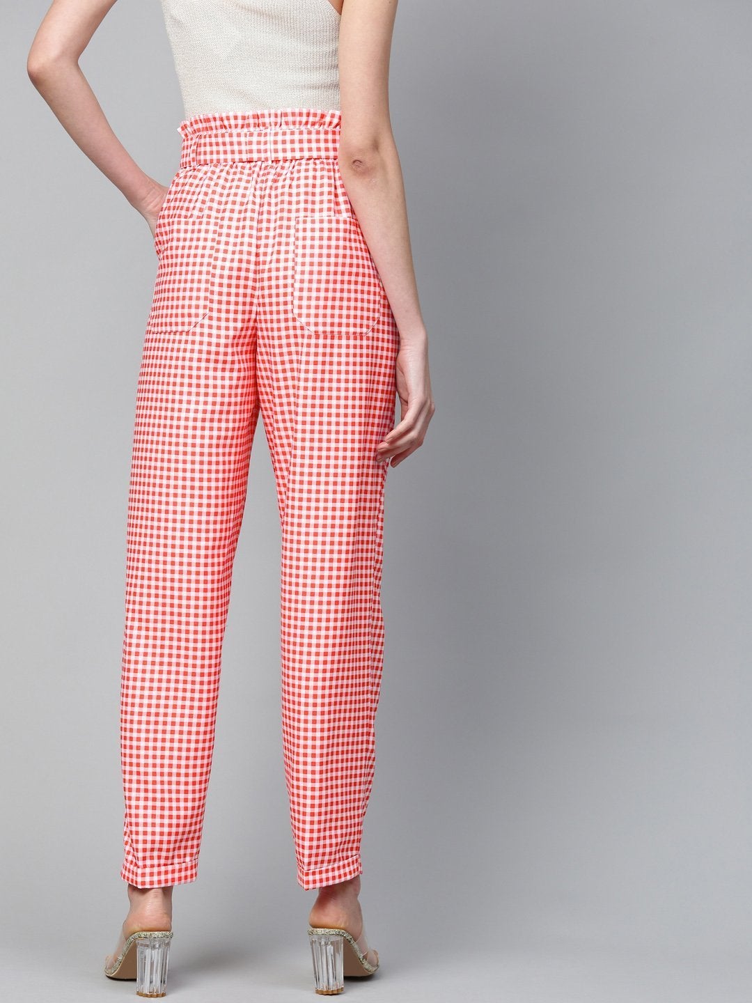 Women's Red & White Check Front Button Tapered Pant