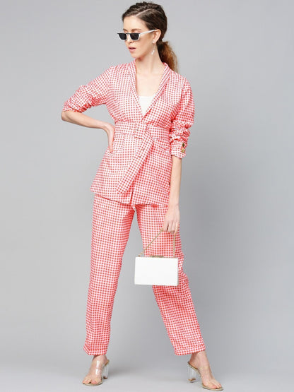 Women's Red & White Check Front Button Tapered Pant