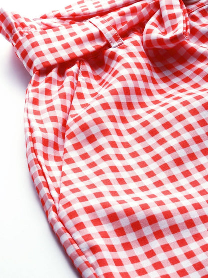 Women's Red & White Check Front Button Tapered Pant