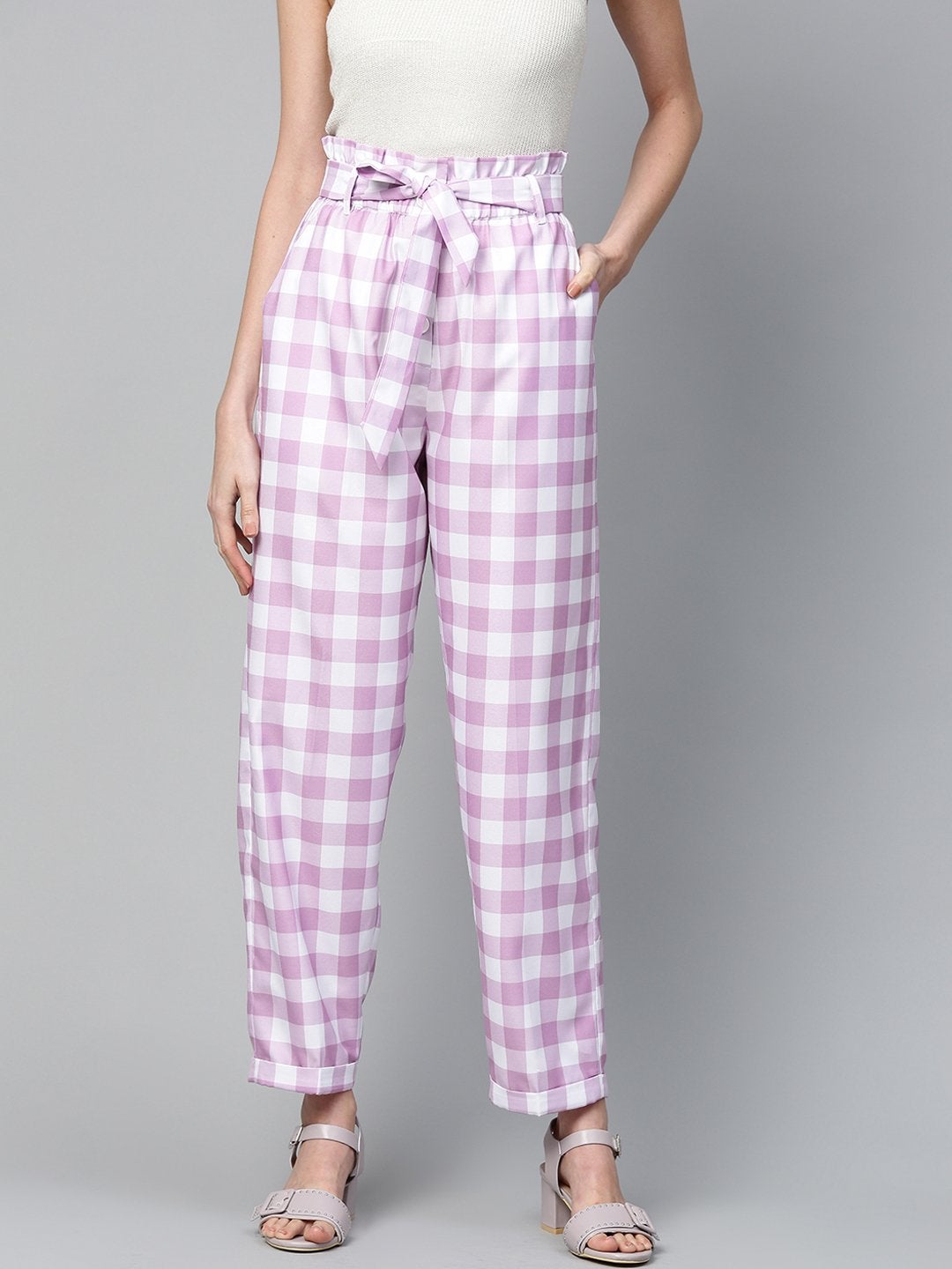 Women's Lavender & White Check Front Button Tapered Pant