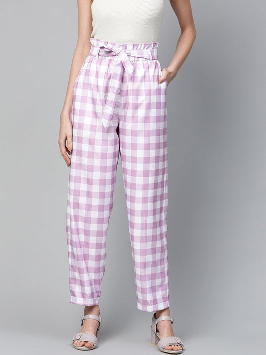 Women's Lavender & White Check Front Button Tapered Pant