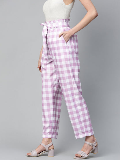 Women's Lavender & White Check Front Button Tapered Pant