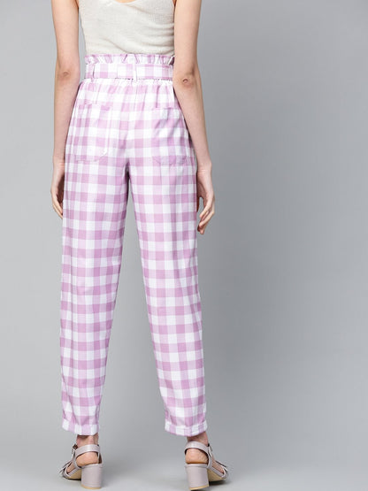 Women's Lavender & White Check Front Button Tapered Pant