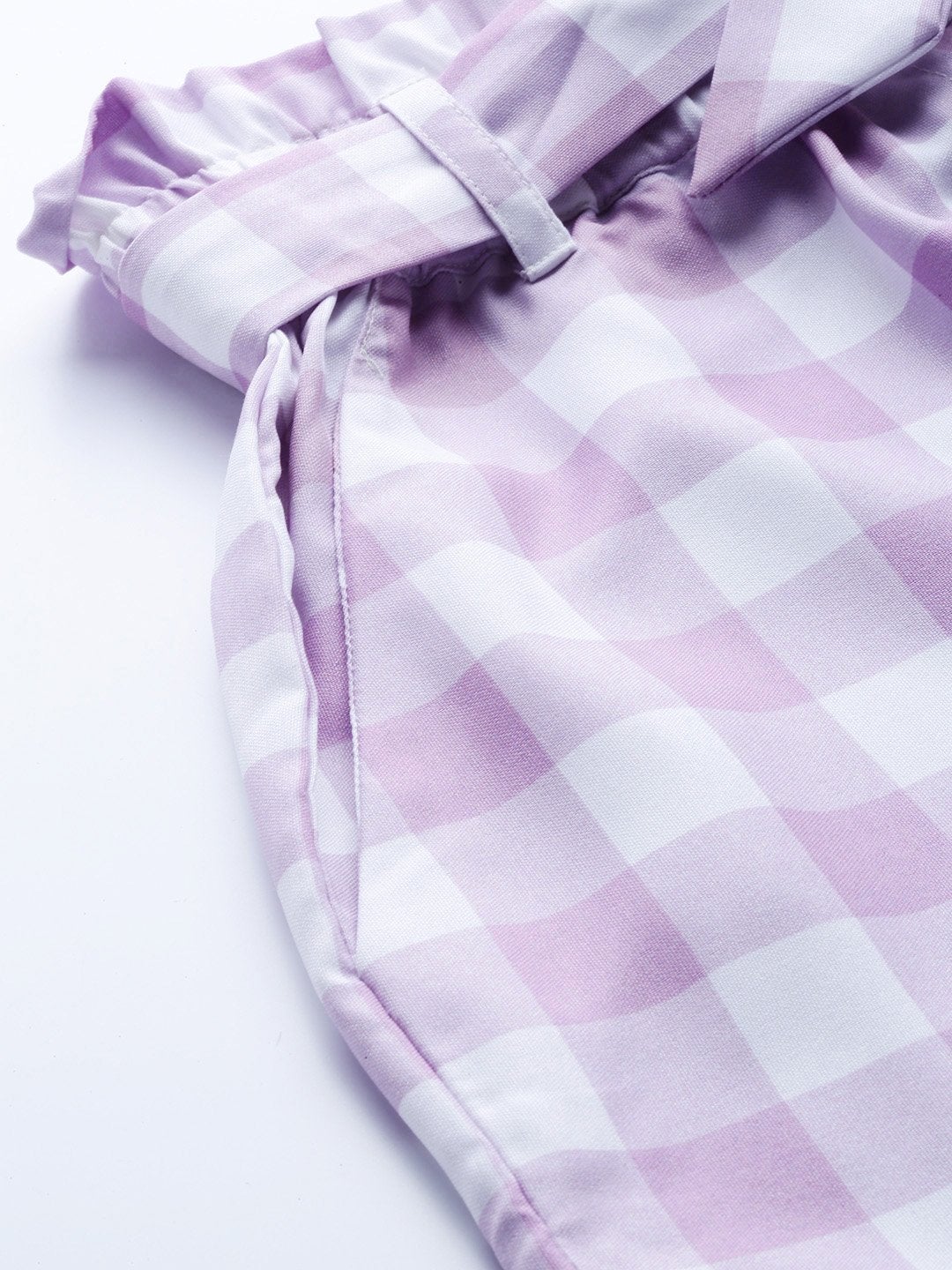 Women's Lavender & White Check Front Button Tapered Pant