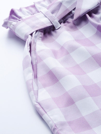 Women's Lavender & White Check Front Button Tapered Pant
