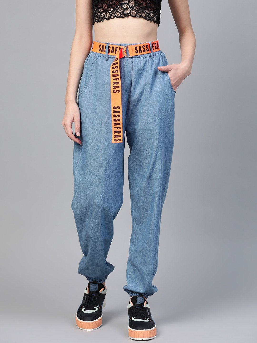 Women's Ice Blue Contrast Belted Denim Jogger