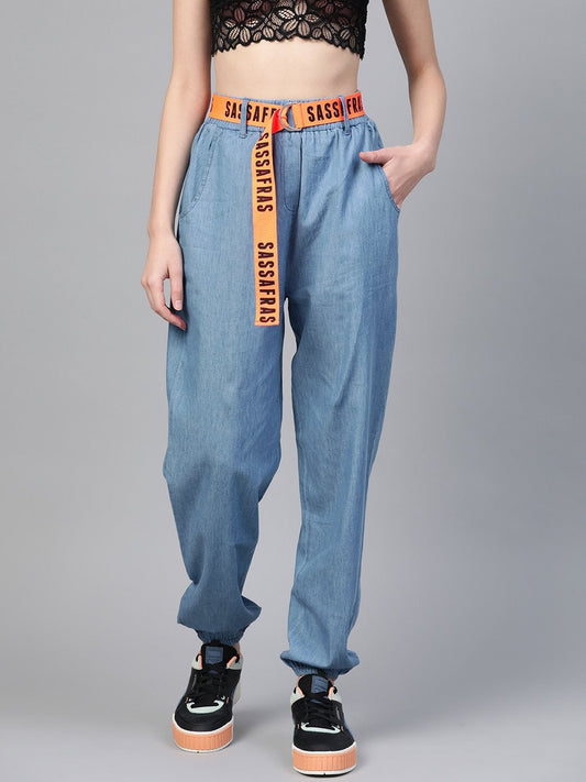 Women's Ice Blue Contrast Belted Denim Jogger