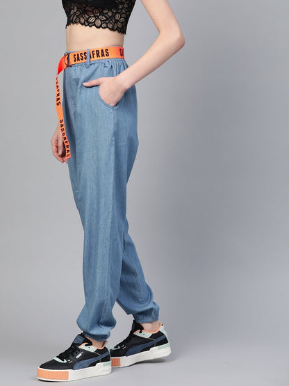 Women's Ice Blue Contrast Belted Denim Jogger