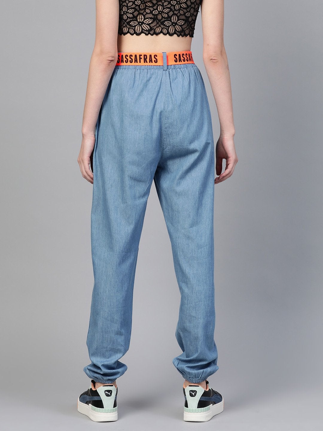 Women's Ice Blue Contrast Belted Denim Jogger