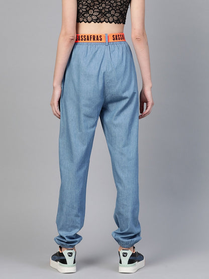 Women's Ice Blue Contrast Belted Denim Jogger