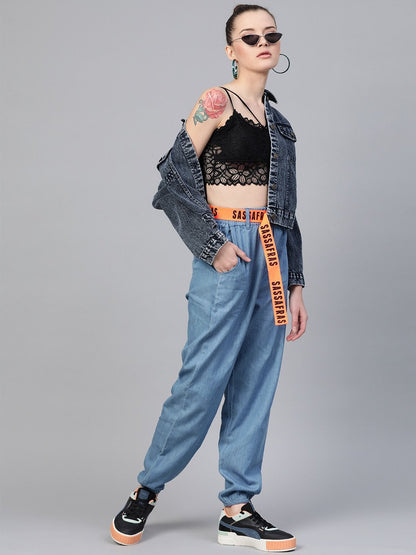Women's Ice Blue Contrast Belted Denim Jogger