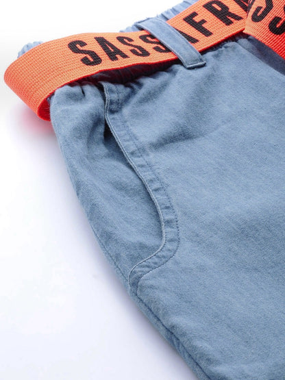Women's Ice Blue Contrast Belted Denim Jogger