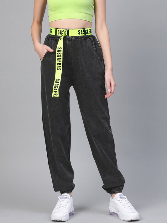 Women's Black Contrast Belted Denim Jogger