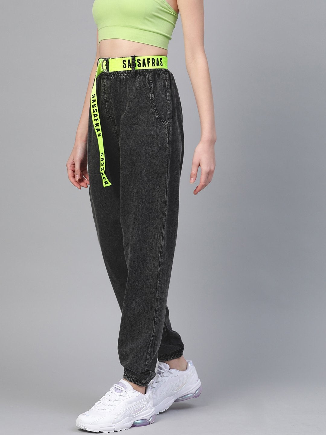 Women's Black Contrast Belted Denim Jogger