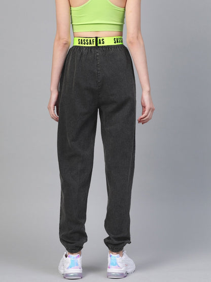 Women's Black Contrast Belted Denim Jogger