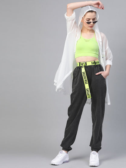 Women's Black Contrast Belted Denim Jogger
