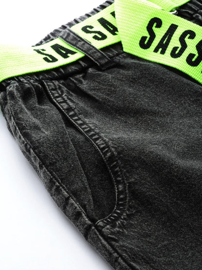 Women's Black Contrast Belted Denim Jogger