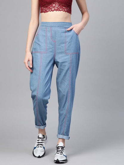 Women's Blue Contrast Pink Stitch Tapered Pants
