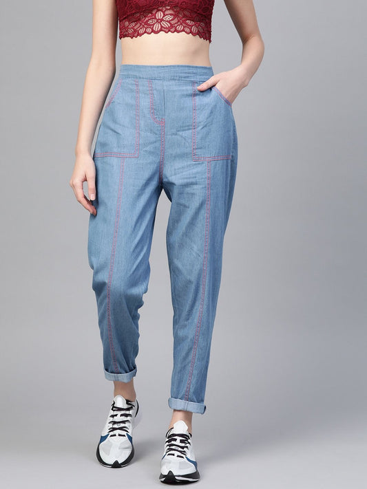 Women's Blue Contrast Pink Stitch Tapered Pants