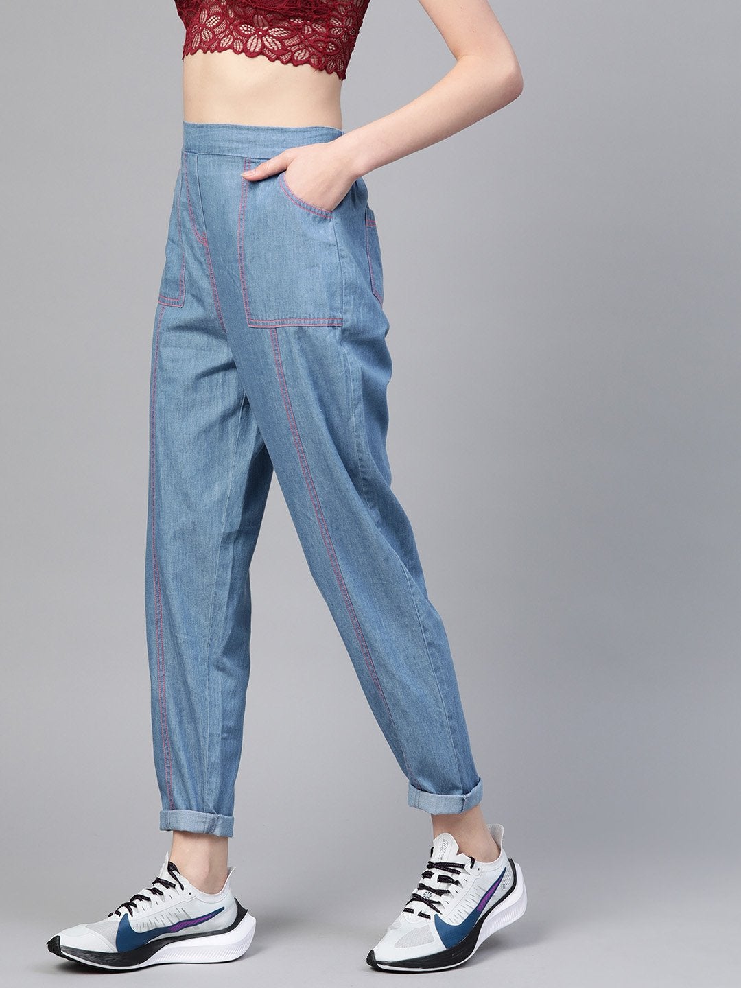 Women's Blue Contrast Pink Stitch Tapered Pants