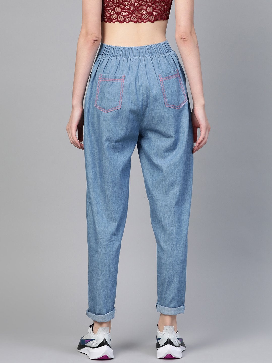 Women's Blue Contrast Pink Stitch Tapered Pants