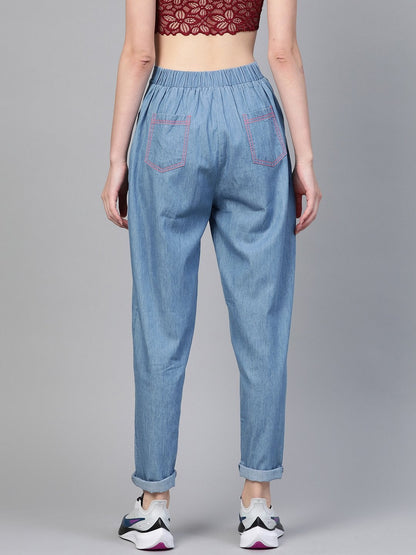 Women's Blue Contrast Pink Stitch Tapered Pants