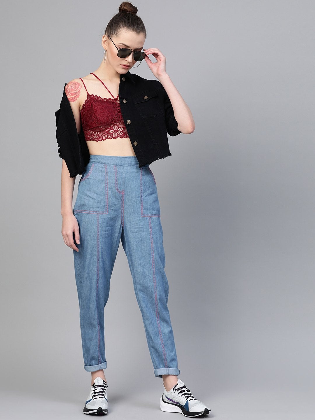 Women's Blue Contrast Pink Stitch Tapered Pants