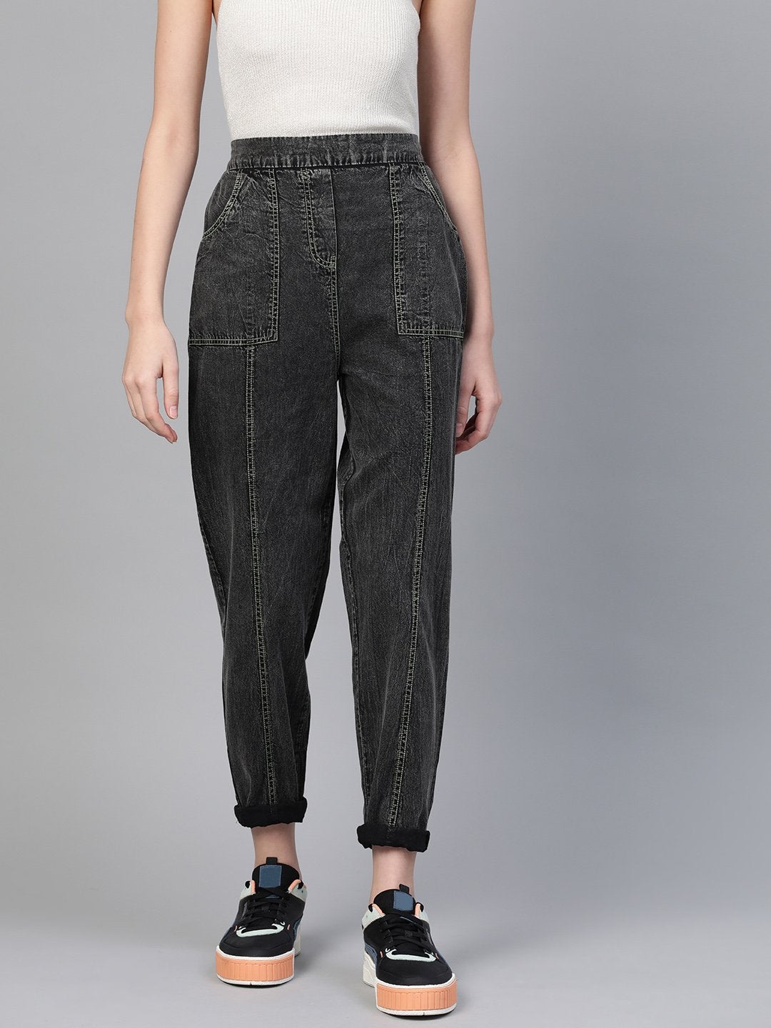 Women's Black Contrast Green Stitch Tapered Pants