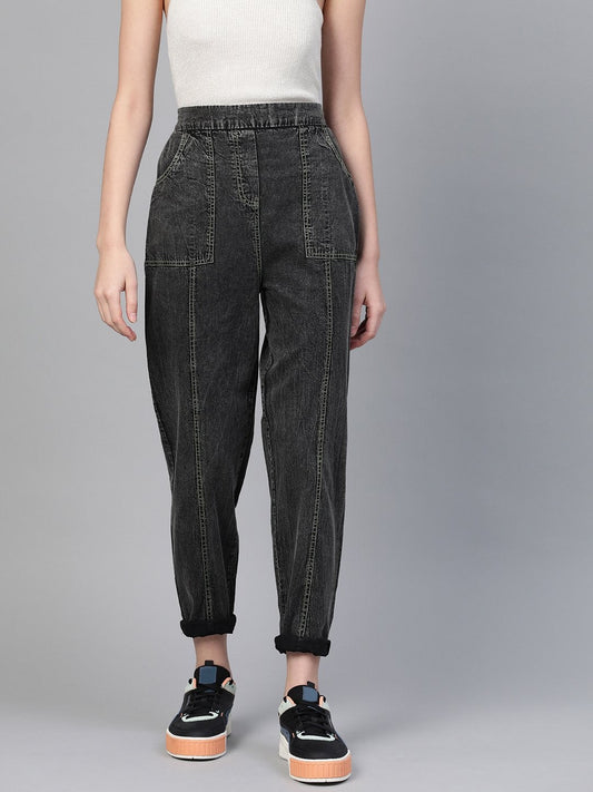 Women's Black Contrast Green Stitch Tapered Pants