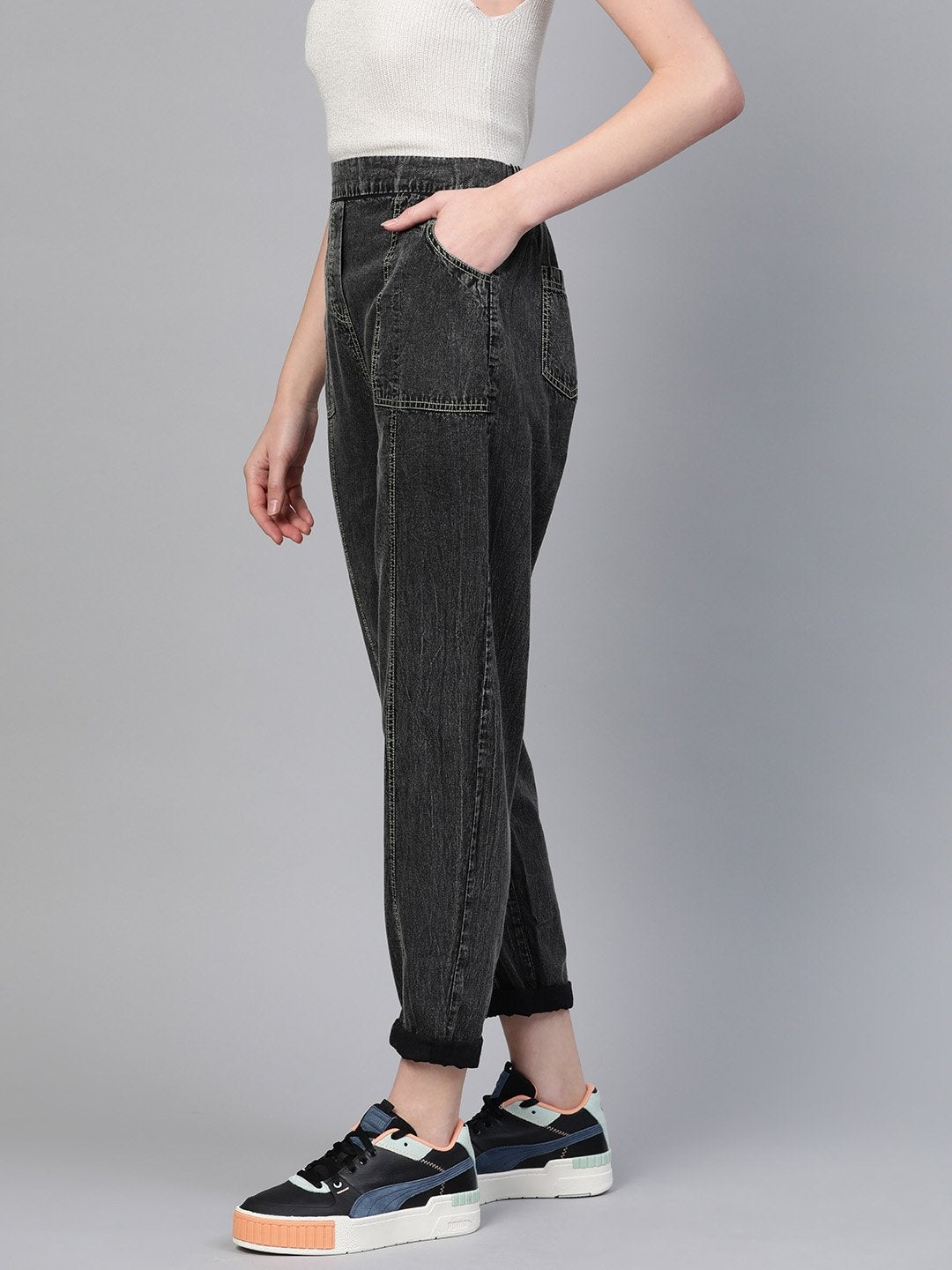 Women's Black Contrast Green Stitch Tapered Pants