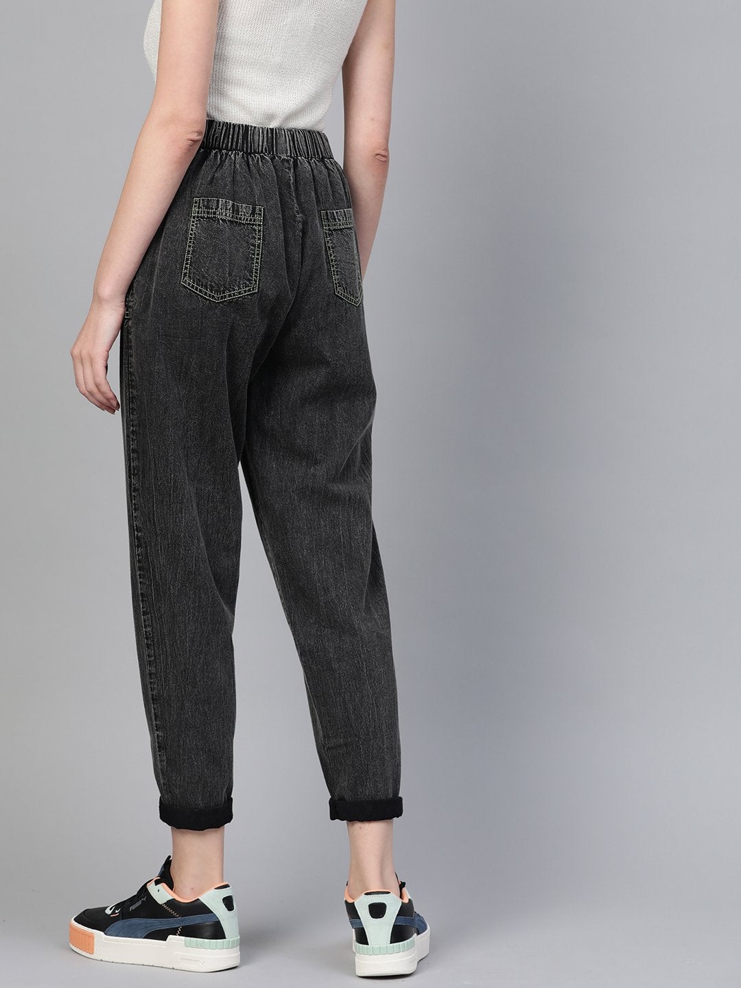 Women's Black Contrast Green Stitch Tapered Pants