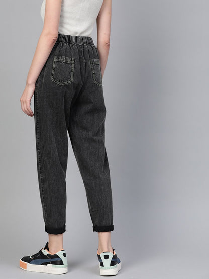 Women's Black Contrast Green Stitch Tapered Pants