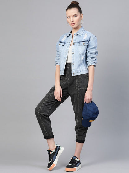 Women's Black Contrast Green Stitch Tapered Pants