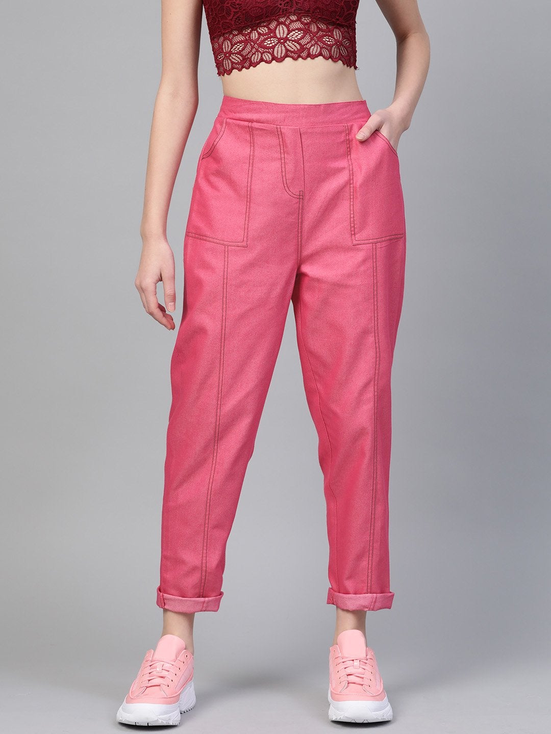 Women's Fuchsia Contrast Stitch Twill Tapered Pants