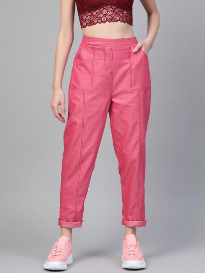 Women's Fuchsia Contrast Stitch Twill Tapered Pants