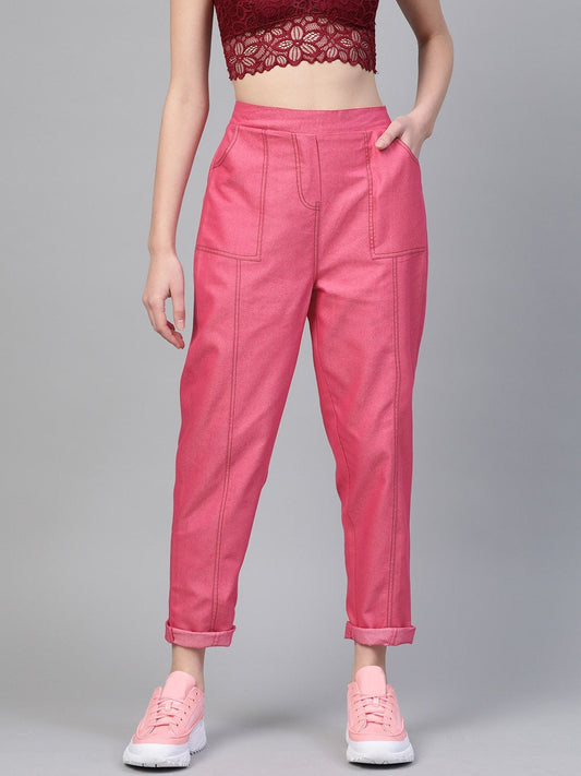Women's Fuchsia Contrast Stitch Twill Tapered Pants