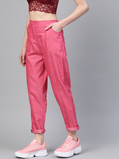 Women's Fuchsia Contrast Stitch Twill Tapered Pants